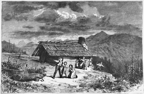 Harper's Weekly illustration from 11 Apr. 1874 showing terrified settlers outside their home on Bald Mountain in Rutherford County during one of the earthquakes that struck the area during the first half of that year. North Carolina Collection, University of North Carolina at Chapel Hill Library.