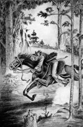 Sketch of a man riding off on a horse with pine trees in the background. A rope can be seen hanging from one tree in the background.