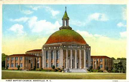 First Baptist Church, Asheville, NC published by Southern Post Card Co, Asheville, NC. From the Georgia Historical Society Postcard Collection, c. 1905-1960s, PhC.45, North Carolina State Archives, Raleigh, NC, call #: PhC45_1_Ash32. 