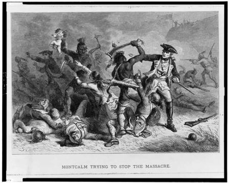 "Montcalm trying to stop the massacre." Engraved by Bobbett, Alfred, ca. 1824-1888(9).  Summary from LOC: "Montcalm trying to stop Native Americans from attacking British soldiers and civilians as they leave Fort William McHenry." Image courtesy of Library of Congress. 