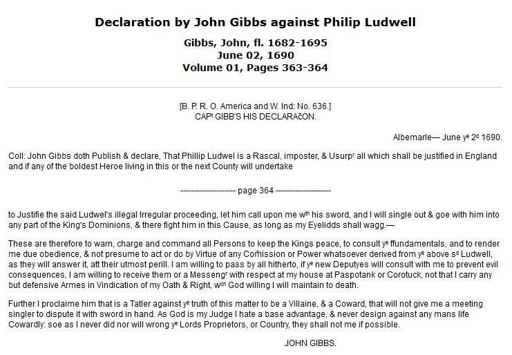 (Click to see larger). Declaration by John Gibbs against Philip Ludwell, June 2, 1690. Image courtesy of DocSouth, UNC Libraries.