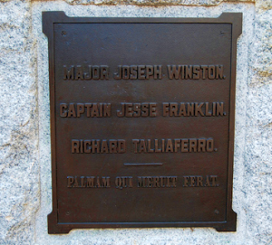 Plaque at the base of a statue to Major Joseph Winston commemorating the 1781 Battle of Guilford Court House