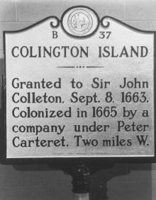Colington Island NC historical marker, which mentions Peter Carteret's 1665 colonization.