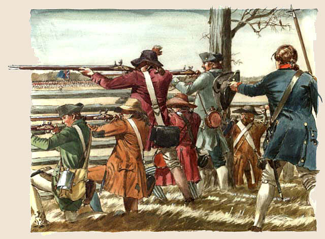 Illustration of American militia firing at the Battle of Guilford Courthouse