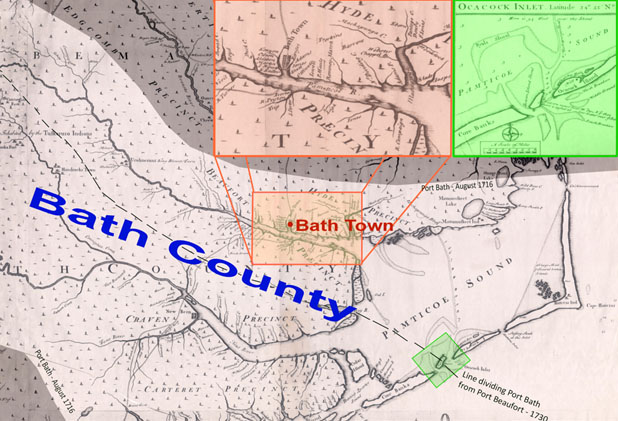 Boundaries for Port Bath - August 1, 1716. Base map: Edward Moseley's 1733 map of North Carolina, provided courtesy of Joyner Library, East Carolina University. Boundary data: Merrens, 1964. Annotated by G. Hookway-Jones and Baylus C. Brooks.  Click for larger version.
