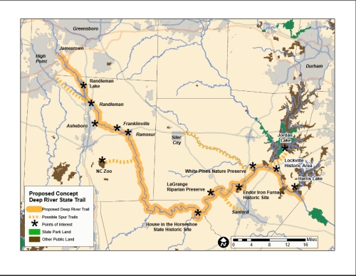 Concept map showing the five-county Deep River State Trail corridor in North Carolina.  From NC Rail-Trails.  Used by permission.