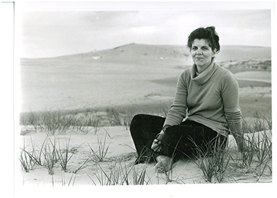 Photograph of Carolista Baum, ca. 1973.  Baum formed the People to Preserve Jockey's Ridge in 1973 in an effort to protect the dunes from development. North Carolina State Parks Collection.