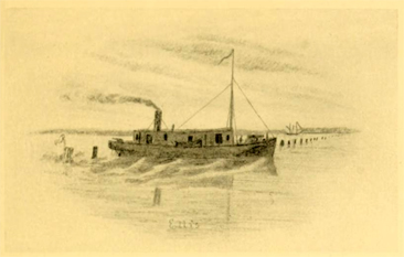 Drawing of a gunboat. It is surrounded by harbor posts and is sailing on wavy water. It has smoke coming from its smokestack.