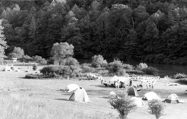 Camping along the New River, State Park campground on Highway 221, ca. 1987.  From the collection of North Carolina State Parks.