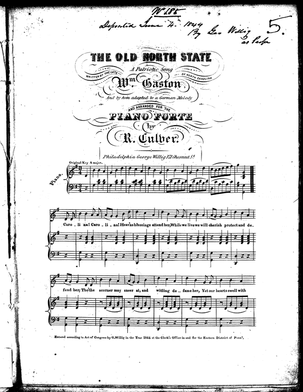 "The Old North State," lyrics by William Gaston and score by R. Culver.  From the Library of Congress, American Sheet Music Collection 1820-1860.