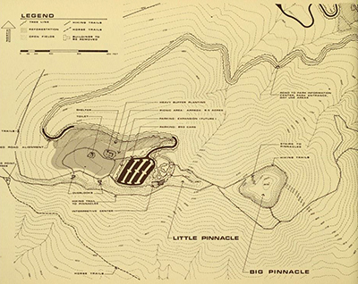 Map of Pilot Mountain State Park area, showing Big Pinnacle and Little Pinnacle.  From the <i>Pilot Mountain State Park Master Plan,</i> 1970, North Carolina Department of Conservation and Development. 