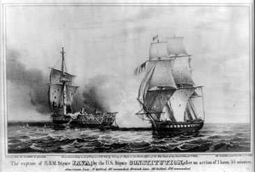 Lithograph image of "The Capture of HBM frigate Java by the U.S. frigate Constitution after an action of 1 hour, 55 minutes," by Sarony & Major, c. 1846. From the Library of Congress Prints & Photographs Online Catalog. 