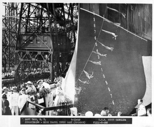 Christening of the USS North Carolina. Black and white photo.
