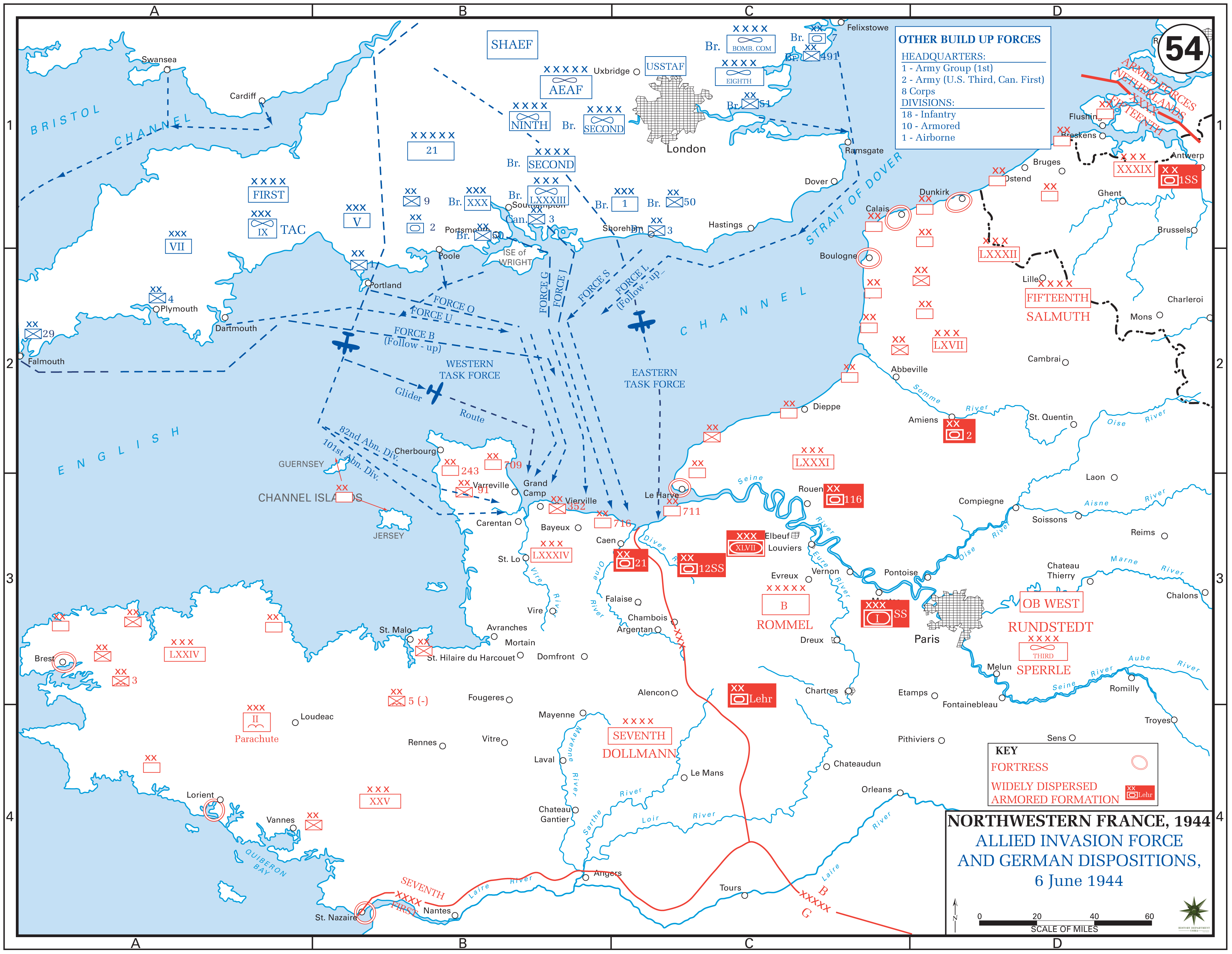 Routes used to cross the English Channel and landing points in Normandy