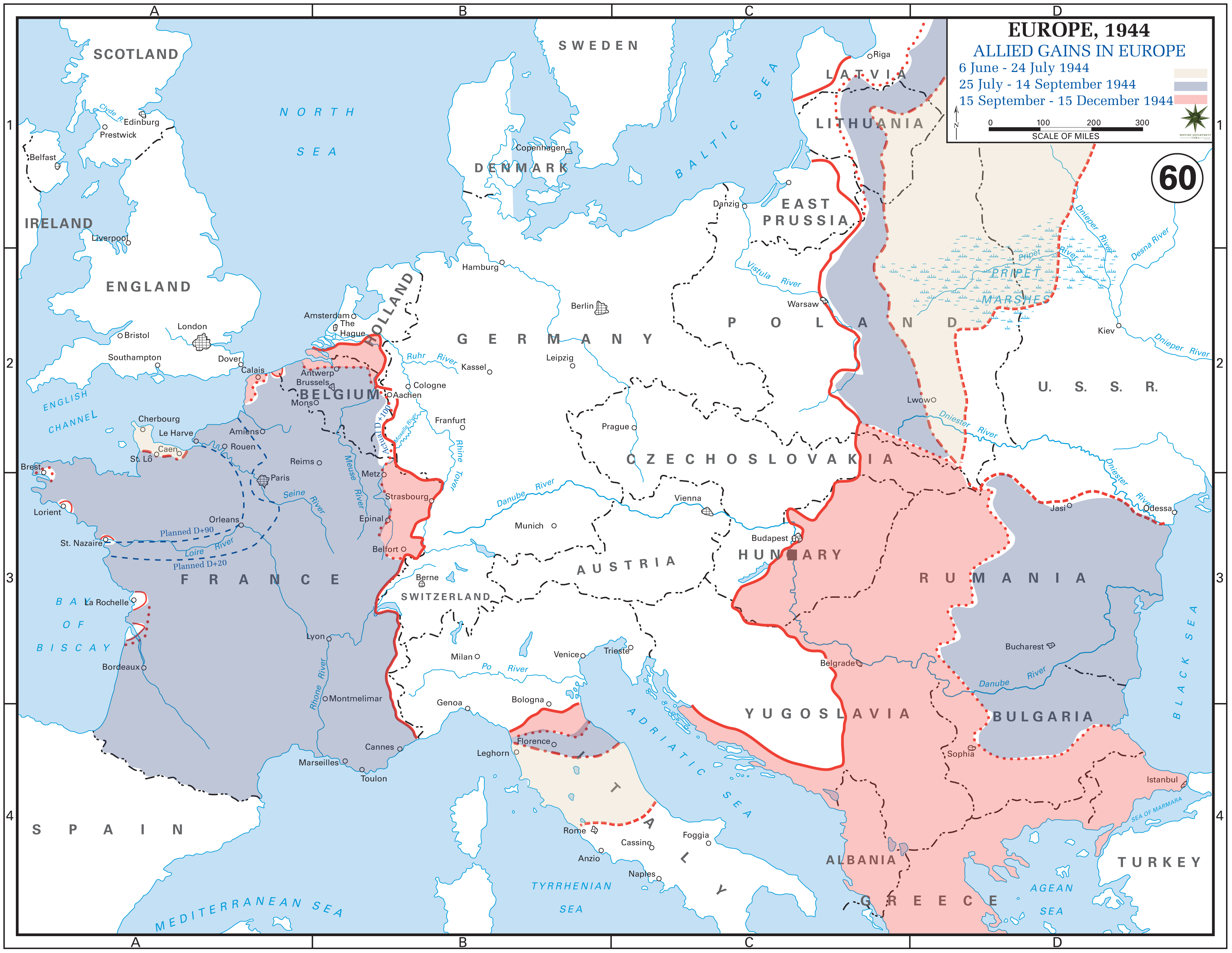 Allied gains in Europe between June and December 1944.