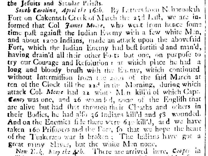 The Boston News-Letter reports on the Tuscarora War, 1713