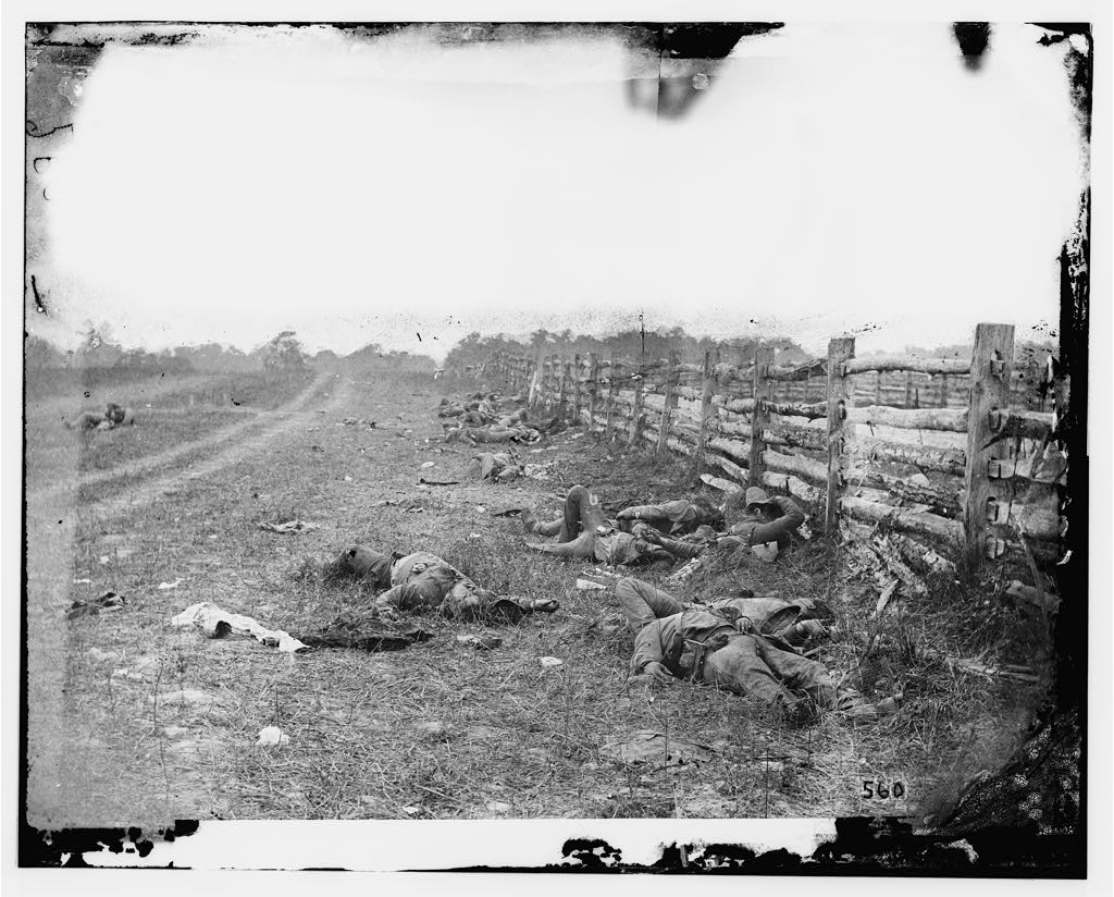 At Antietam, dead Confederate soldiers lie on the ground near a fence on the Hagerstown Road.
