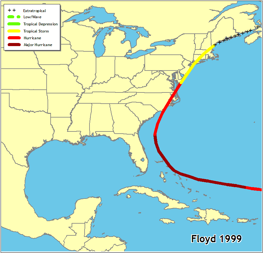 A map illustrates Floyd's path along the east coast.