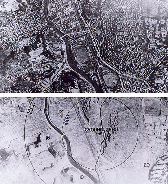 Aerial photos taken before and after the atomic bomb was dropped on Nagasaki