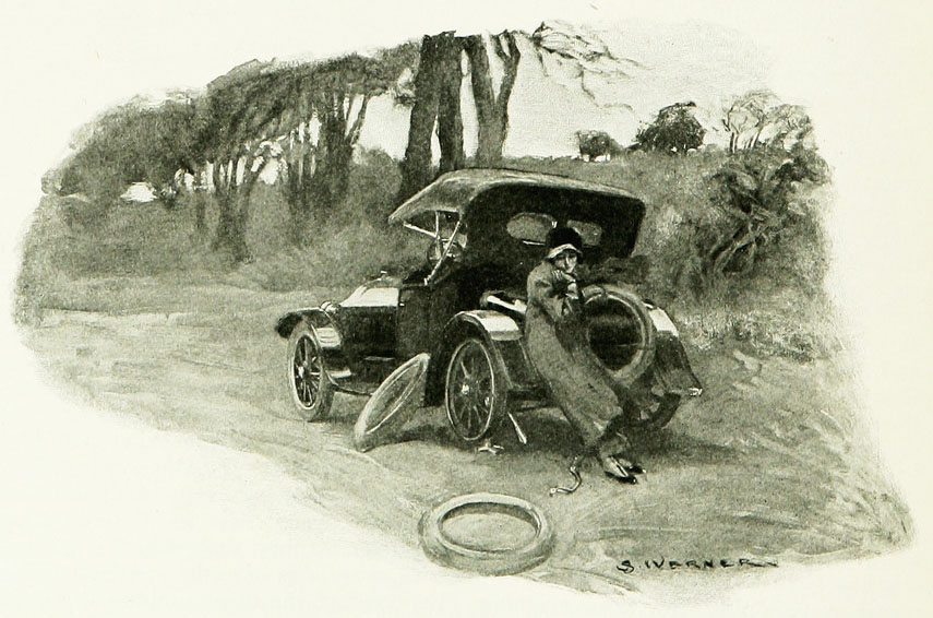 A woman with a flat tire.