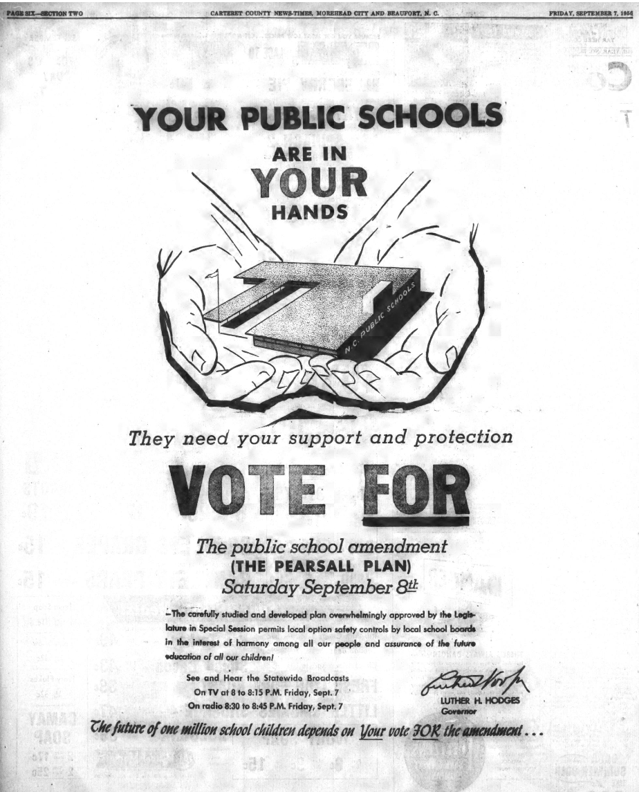 Advertisement for support for the Pearsall Plan, appeared in the Carolina Times newspaper, September 7, 1956.