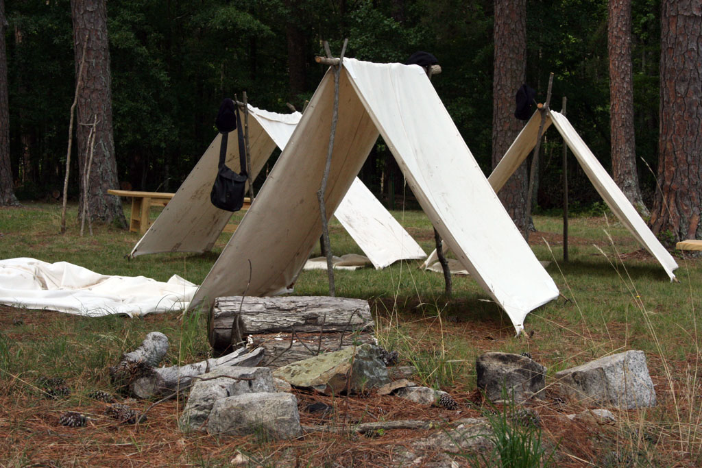 Small "dog" tents in a wooded area.