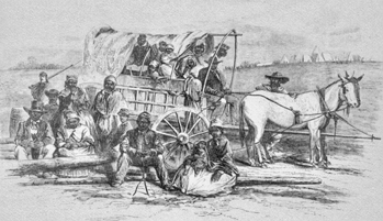 An engraving from the 31 Jan. 1863 edition of Harper's Weekly shows former slaves who took refuge at a Union camp on Roanoke Island. The Federally occupied island quickly became a formal colony for newly freed slaves after issuance of the Emancipation Proclamation on 1 Jan. 1863.