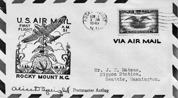 Commemorative envelope postmarked 1 Nov. 1940, the day airmail service began in Rocky Mount (via a flight that originated in Norfolk, Va., and had stops in Rocky Mount, Raleigh, Greensboro, and Asheville before terminating in Knoxville, Tenn.). Photograph courtesy of Tony Crumbley.