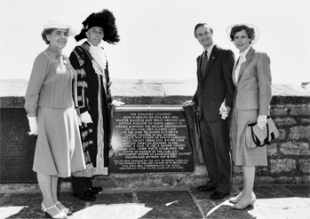 Ceremonies commemorating the four hundreth anniversary of the Roanoke voyages began at Plymouth, England, in April 1984 with the unveiling of a plaque on the waterfront commemorating the 27 Apr. 1584 departure of the colonists and explorers. Shown here are the lord mayor of Plymouth, Peter Whitfield, and his wife (left) and North Carolina governor James B. Hunt and Mrs. Hunt. North Carolina Collection, University of North Carolina at Chapel Hill Library.
