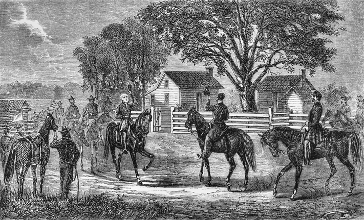 Johnston and Sherman on horseback greet each other. Print.