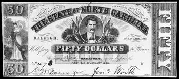 North Carolina $50 note issued in 1863. In the center of the note is a likeness of North Carolina governor Zebulon B. Vance. North Carolina Collection, University of North Carolina at Chapel Hill Library.