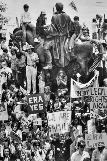 Supporters of the Equal Rights Amendment surround a statue of Andrew Jackson on the capitol grounds in Raleigh, 1981. Raleigh News and Observer.