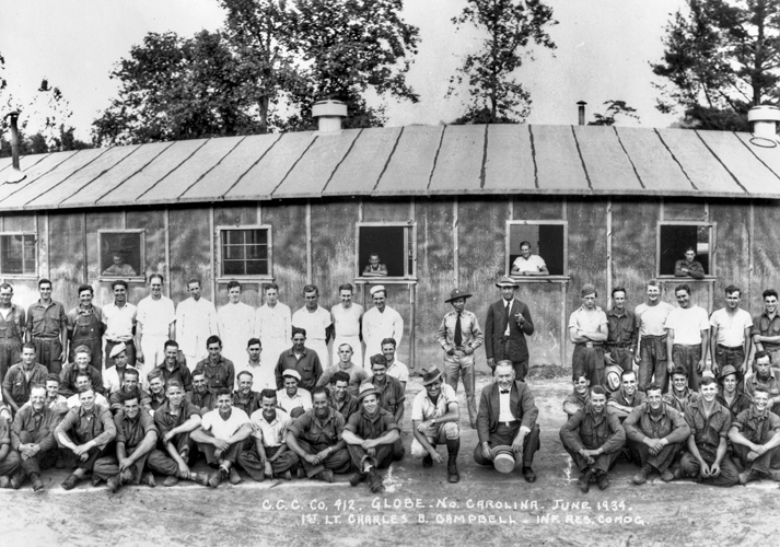 Civilian Conservation Corps workers in front of the barracks in which they were housed at Globe, 1934. Courtesy of North Carolina Office of Archives and History, Raleigh.