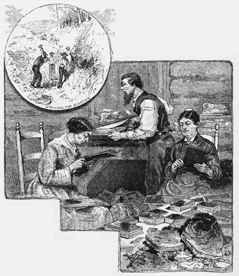 This engraving from an 1880 issue of Harper's New Monthly Magazine shows mica being mined, split, and cut near Waynesville. The accompanying text noted that the “flakes are cut in oblong squares by enormous shears, packed, and sent north. Heaps of broken wafer-like waste sheets littered the whole side of the mountain, sparkling like silver in the sun.” North Carolina Collection, University of North Carolina at Chapel Hill Library.