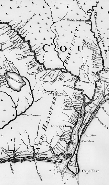 A map created by Edward Moseley in 1733 documenting two Welsh settlements along the Cape Fear and Northeast Cape Fear Rivers in southeastern North Carolina. Map Collection (MC no. 17), Special Collections Department, Joyner Library, East Carolina University, Greenville.