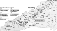The Blue Ridge Parkway in North Carolina. Map by Mark Anderson Moore, courtesy North Carolina Office of Archives and History, Raleigh. (Click to view map.)