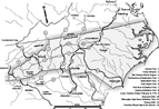 Indian trading paths in North Carolina (conjectured routes). Map based on information in the Forty-Second Annual Report of the Bureau of American Ethnology to the Secretary of the Smithsonian Institution, 1924-1925 (1928). Map by Mark Anderson Moore, courtesy North Carolina Office of Archives and History, Raleigh. (Click to view map.)