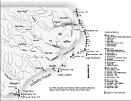Lifesaving stations and lighthouses. Map by Mark Anderson Moore, courtesy North Carolina Office of Archives and History, Raleigh. (Click to view map.)