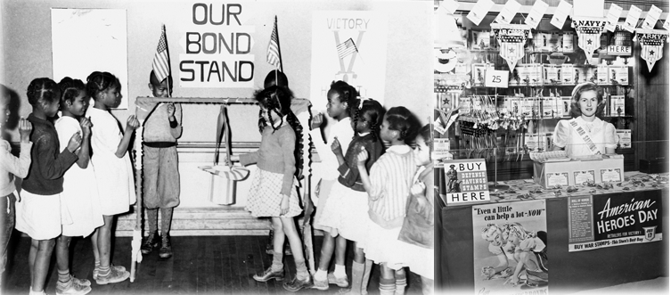Adults and Children bought war bonds and stamps at stands set up everywhere from movie theaters to bank lobbies (right) like the one where this middle schooler volunteered. Some schools, like Burton Elementary in Durham (left), held a monthly drive where students contributed coins to buy bonds.