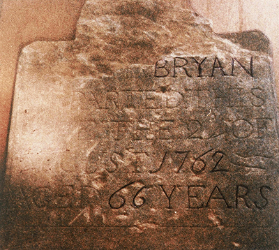 The tombstone of Martha Strode Bryan, wife of Morgan Bryan. Image courtesy of the Davie County Public Library.