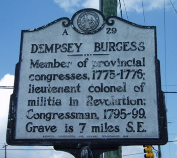 Photograph of the Dempsey Burgess historical marker, North Carolina Highway Historical Marker Program.  Courtesy of the N.C. Office of Archives & History.  