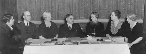 Meeting of the Society for the Preservation of Antiquities in 1939. From left to right: Margaret Smethurst; Christopher Crittenden; Adelaide Fries; Joseph Hyde Pratt, president; Janie Fetner Gosney; Ruth Coltrane Cannon; and Emily Gilliam Gary