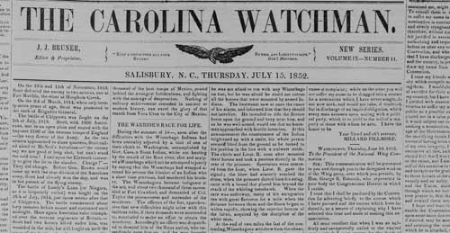 Carolina Watchman, 1852. Courtesy of State Archives of North Carolina Historic Newspaper Archive.