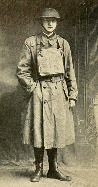 A photograph published in 1919 of Elmer Talmage Clark in World War I "trench equipment." Image from the Internet Archive.