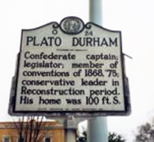Photograph of Plato Durham Historical  Marker in Shelby.  Courtesy of the North Carolina Highway Historical Marker Program, N.C. Office of Archives & History, N.C. Department of Cultural Resources.