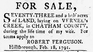 [advertisement]. North-Carolina Chronicle; or Fayetteville Gazette 2, no. 25 (February 28, 1791). 198.