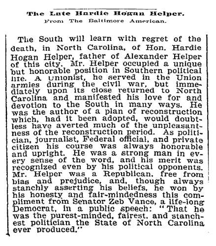 Obituary of Hardie Hogan Helper, from the Baltimore American, printed in the <i>New York Times</i> September 21, 1899.