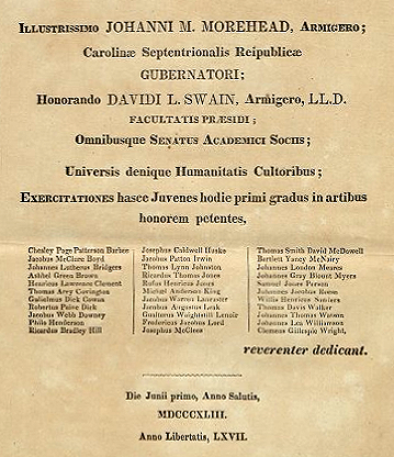 Commencement program for the University of North Carolina, June 1, 1843 (in Latin). Philo Henderson is listed tenth in the left most column. Image from Documenting the American South, University of North Carolina at Chapel Hill.