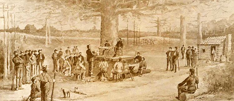 Artist's interpretation of the May 1775 meeting of the Transylvania House of Delegates at Boonesborough (1901). Image from the North Carolina Museum of History.