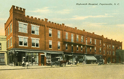 A postcard, circa 1905-1915,  of Highsmith Hospital in Fayetteville, N.C. Image from the North Carolina Collection, University of North Carolina at Chapel Hill.